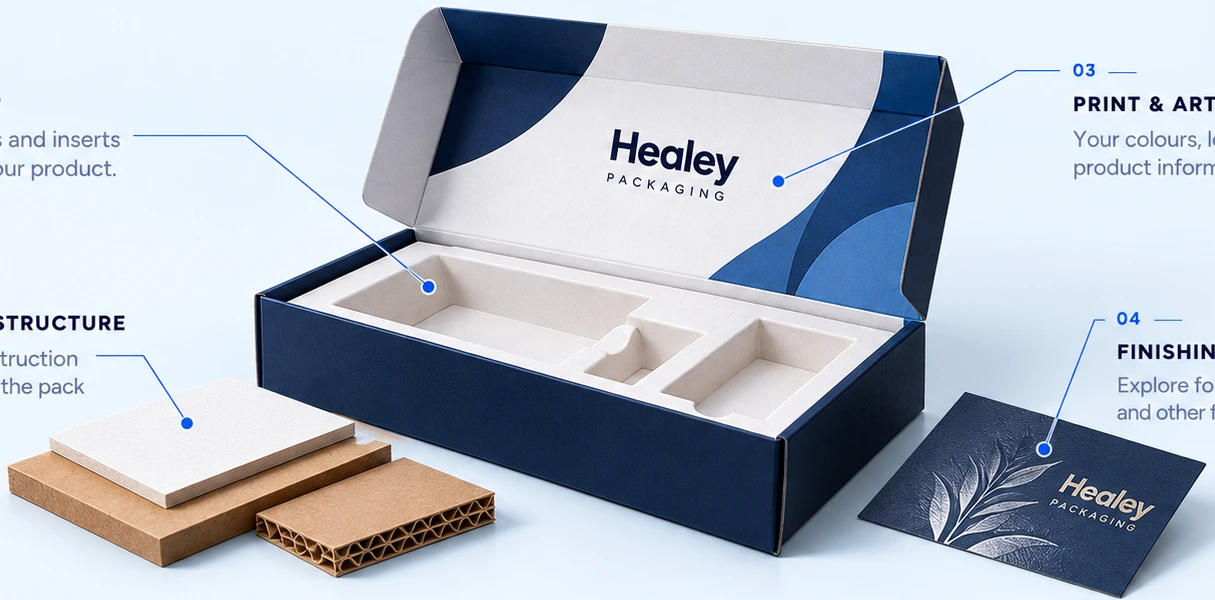 Open navy rigid gift box with a white insert, board samples and a decorative foil print
