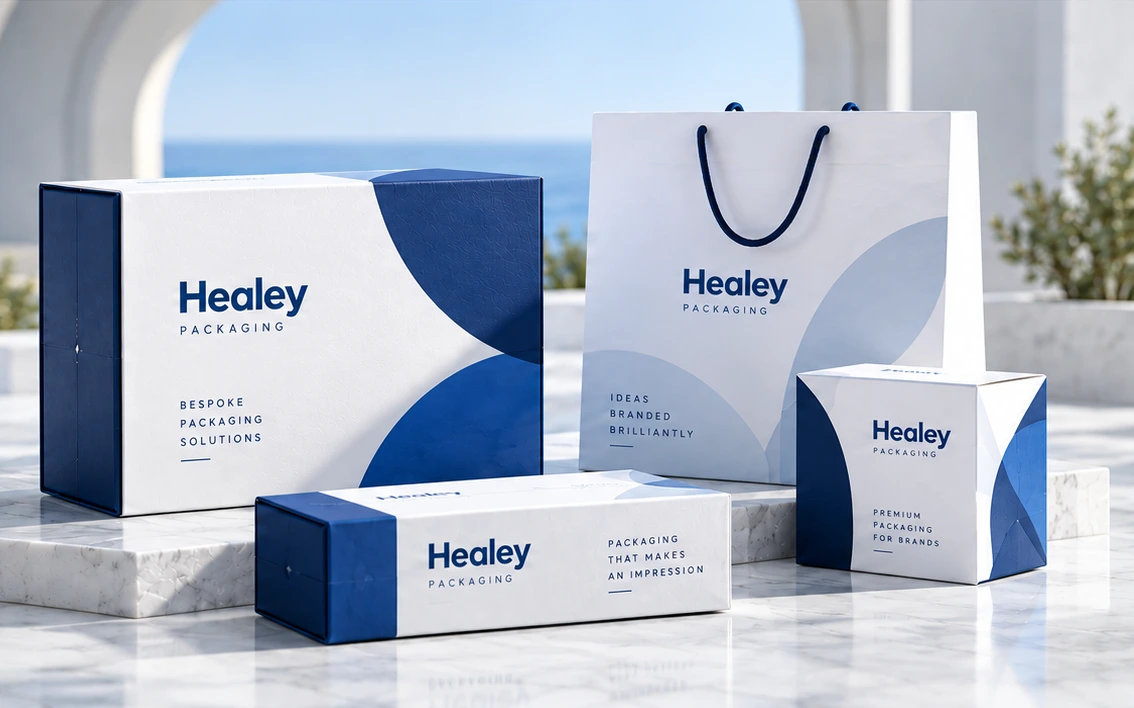 Healey branded white and navy boxes and a paper shopping bag