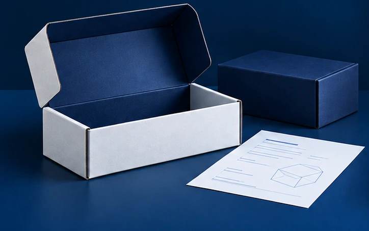 Open navy and white mailer, closed box and packaging brief