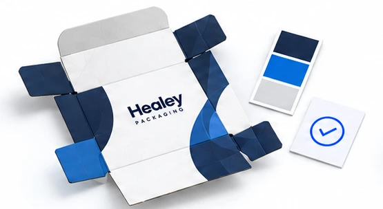 Printed box dieline and colour swatches
