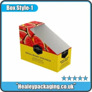Custom printed retail ready shelf box with watermelon design for product display