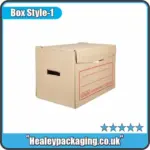 Brown corrugated storage box with top lid flap and side handles, designed for document or file storage.