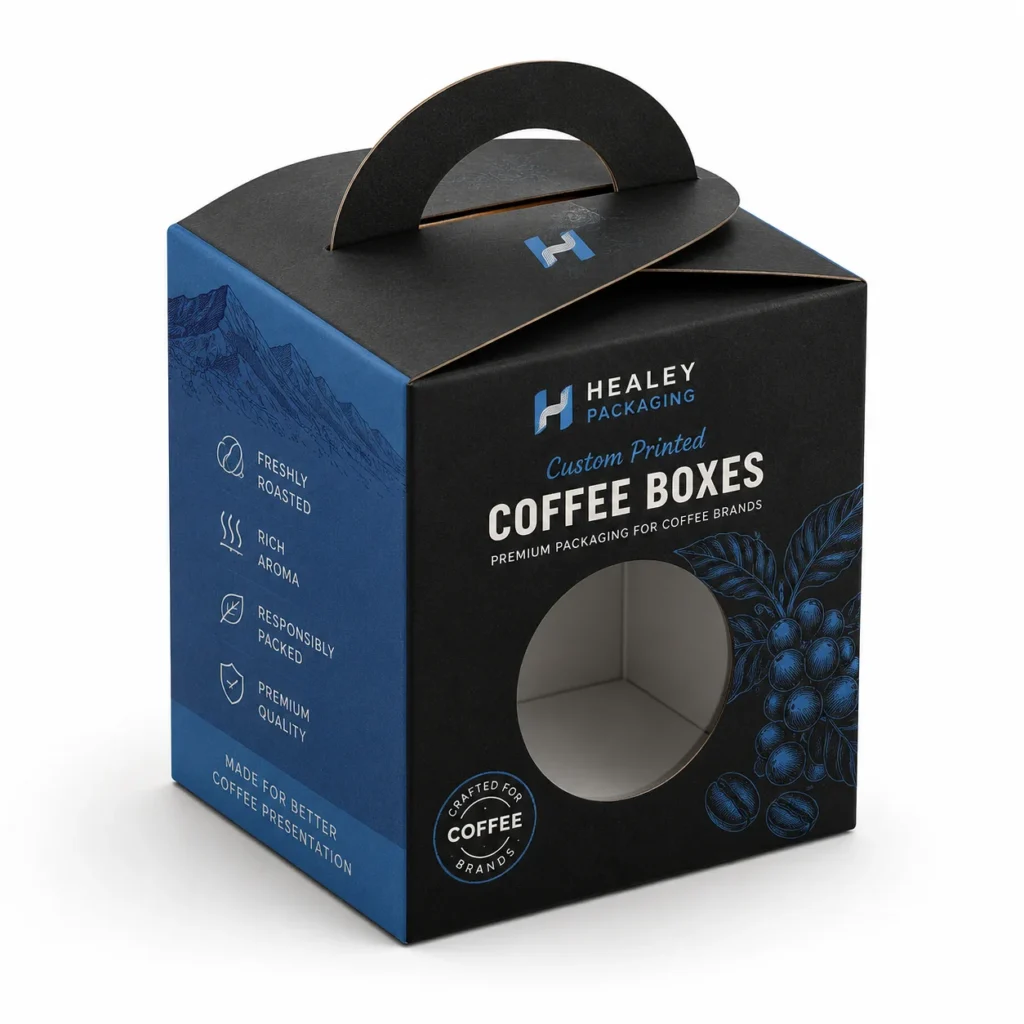 Custom coffee box with carry handle, display window and printed branding