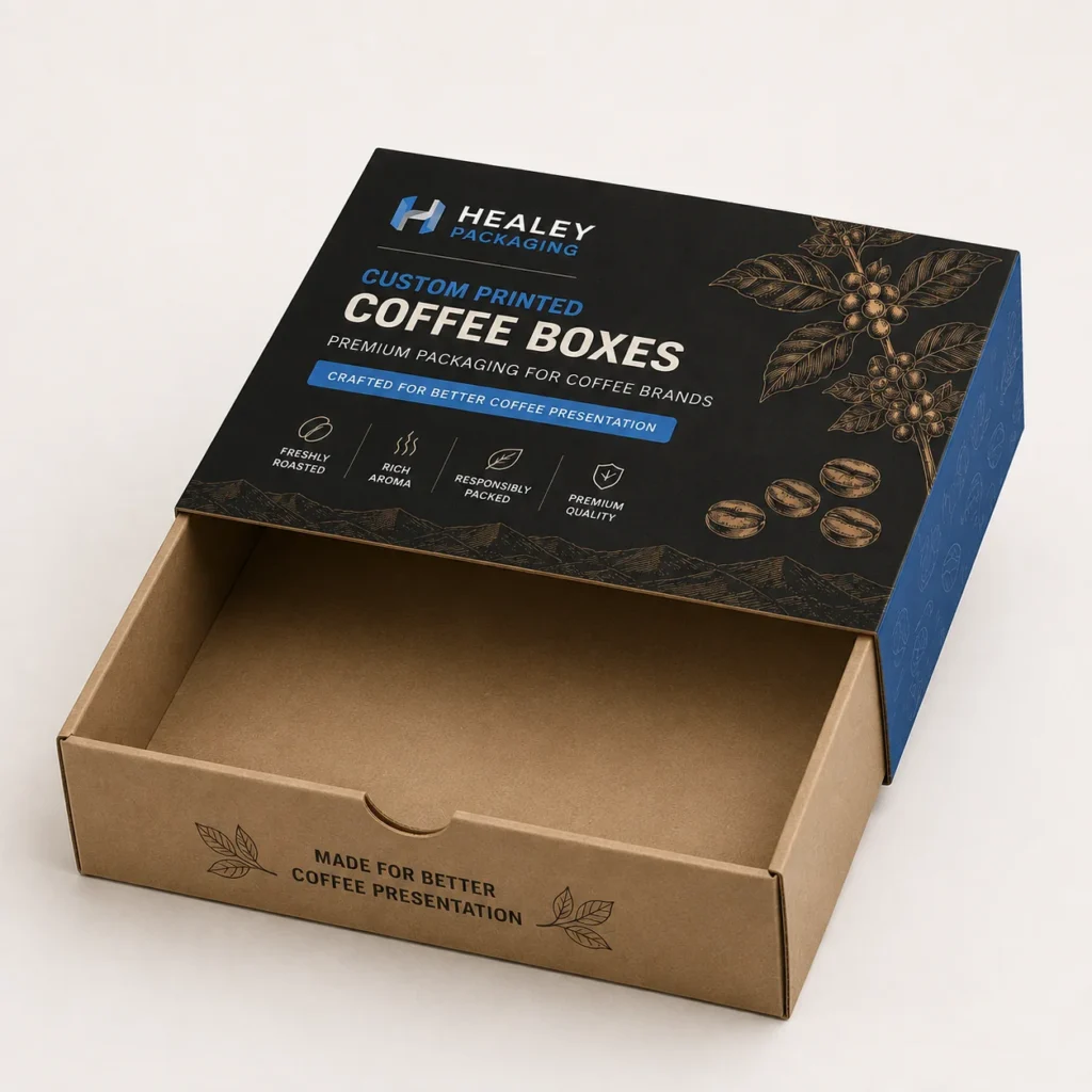 Custom coffee packaging box with sliding drawer and printed sleeve