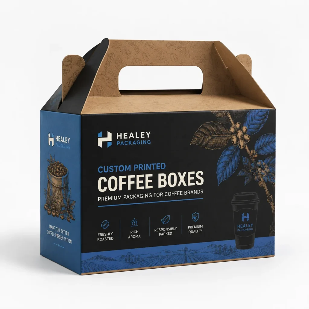 Custom printed coffee box with carry handle and branded design