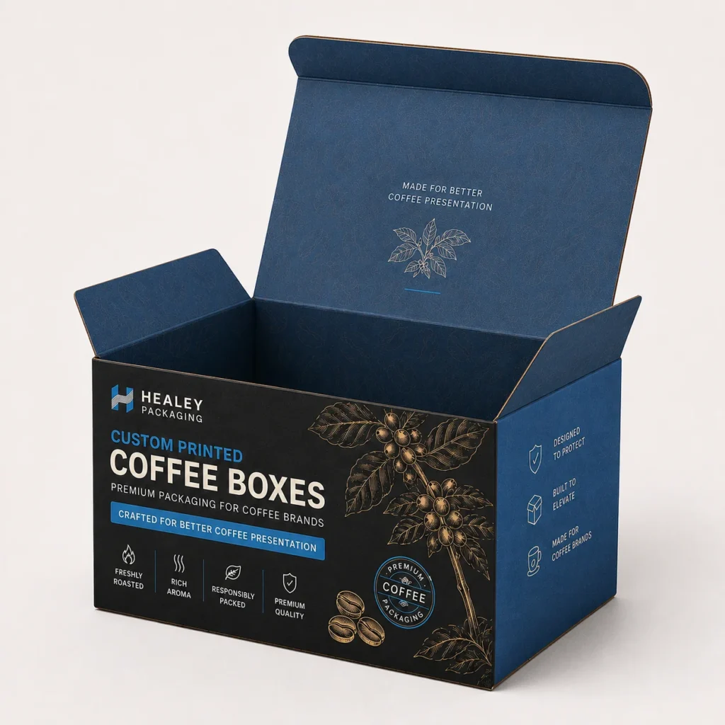 Open custom coffee mailer box with branded interior and printed exterior