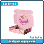 Pink custom donut mailer box with inside printing, branded "Donut Express."