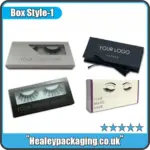 Assorted custom eyelash boxes with window cut-outs and branded logos