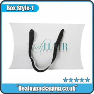 Custom white pillow hair extension box with black ribbon handle