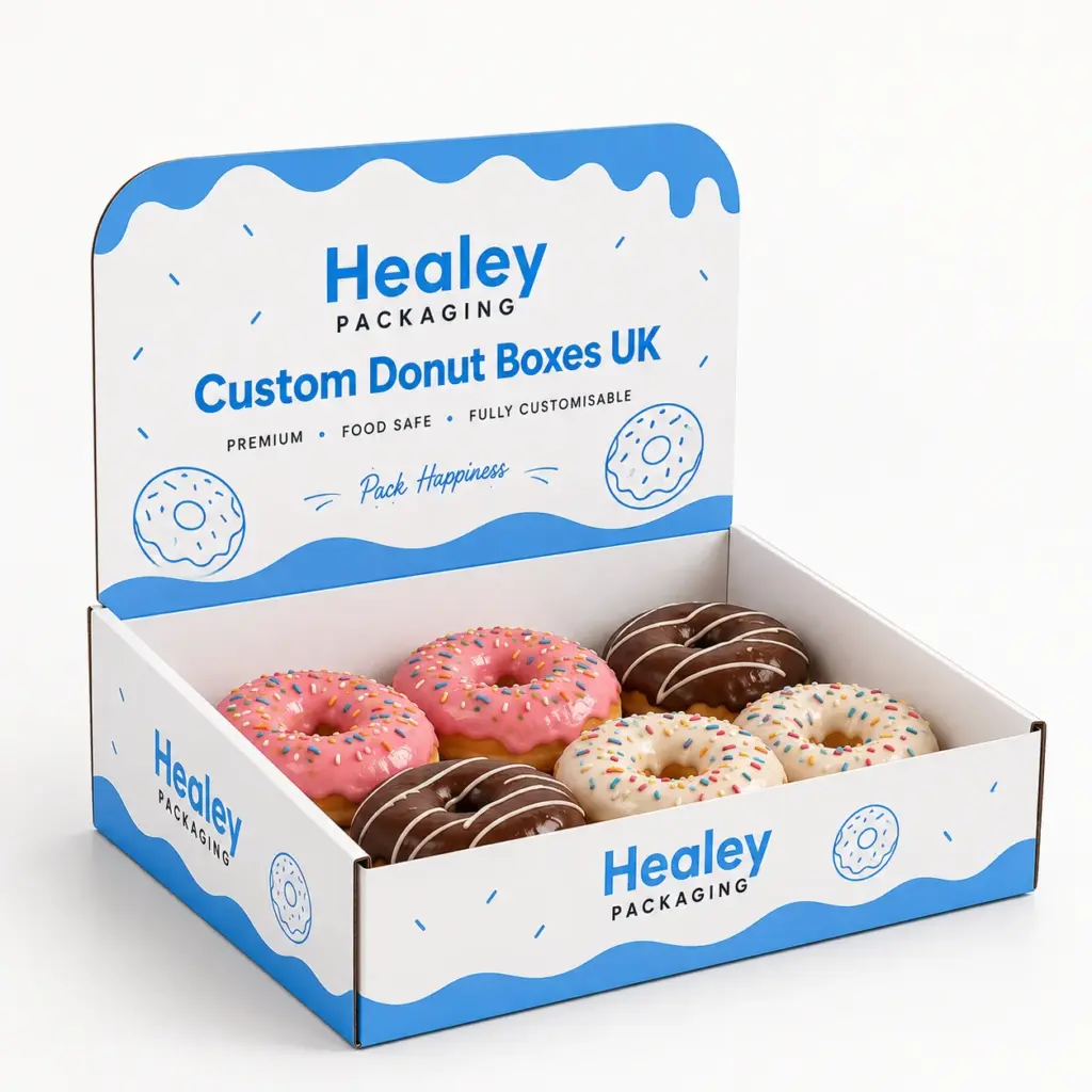 Custom donut display box with branded header for retail presentation
