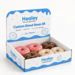 Custom donut display box with branded header for retail presentation