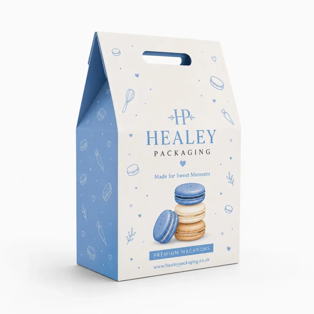 Macaron gable box with carry handle for gifts and bakery takeaway