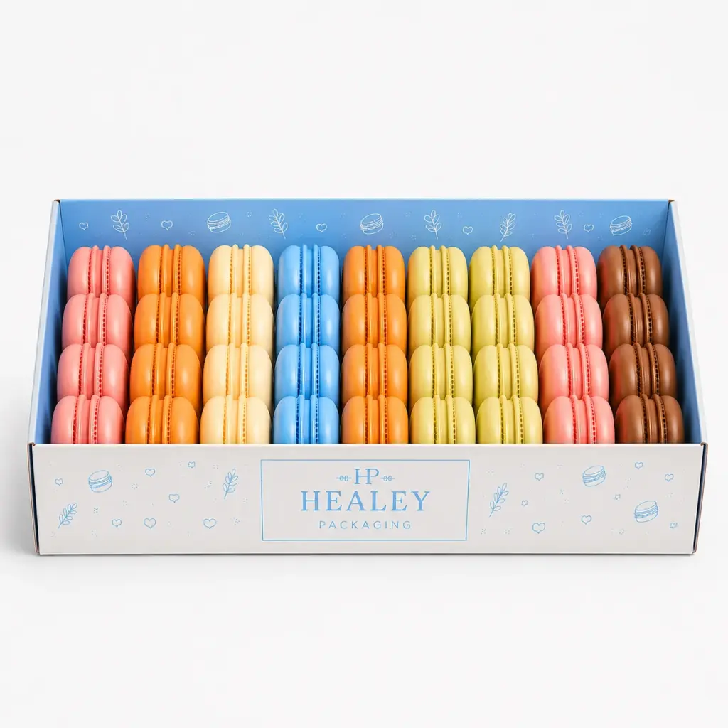 Retail macaron presentation box with organised macaron arrangement