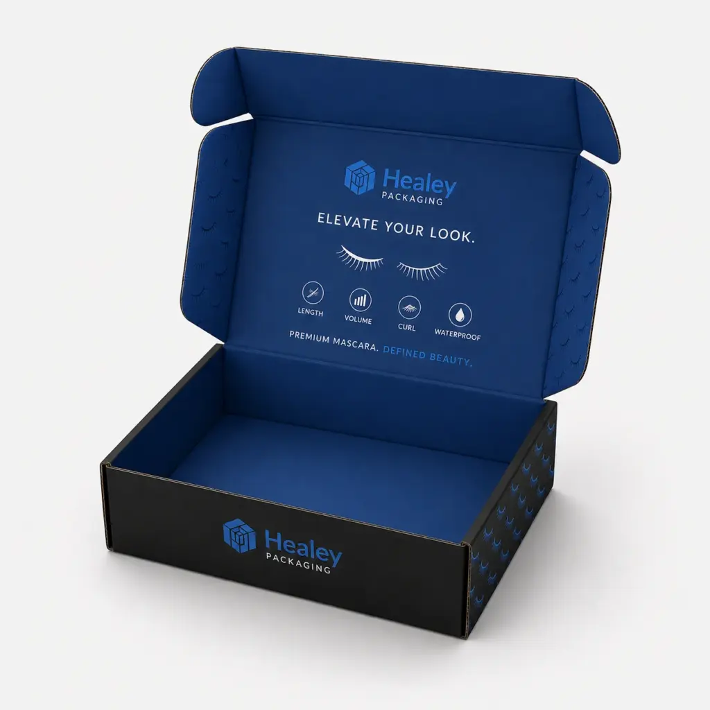Open branded mailer box for mascara product packaging