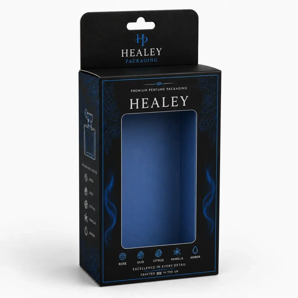 Hanging retail box with window for perfume packaging