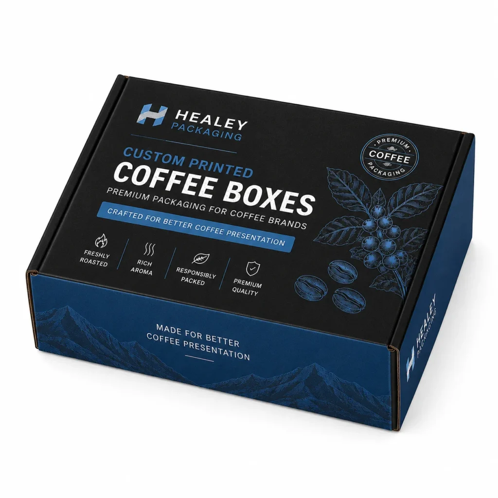 Custom printed coffee mailer box with premium black and blue branding