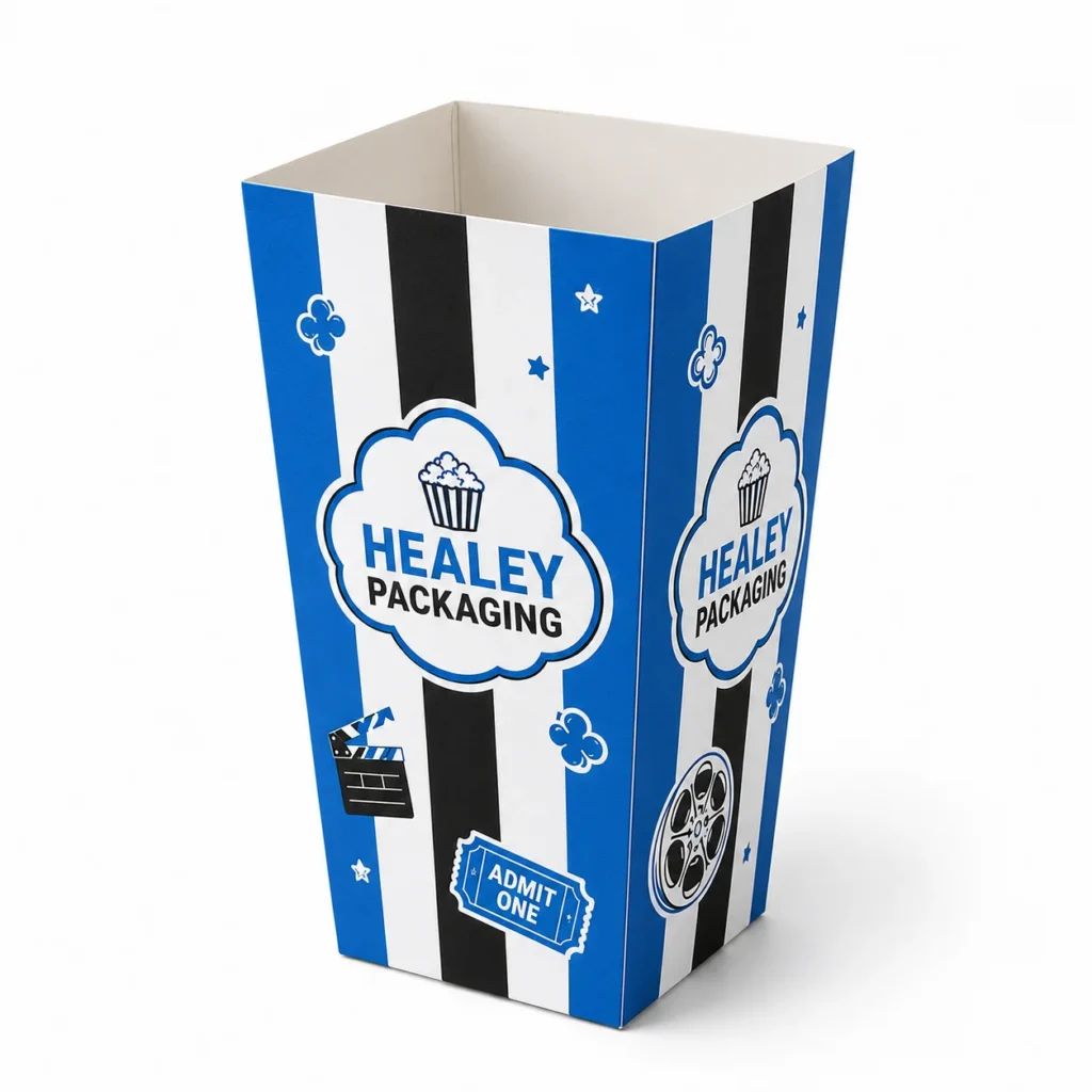 Custom cardboard popcorn box with striped cinema-themed printing