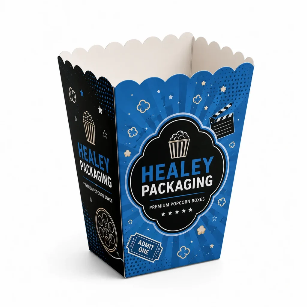 Custom printed popcorn box with cinema-themed blue and black design