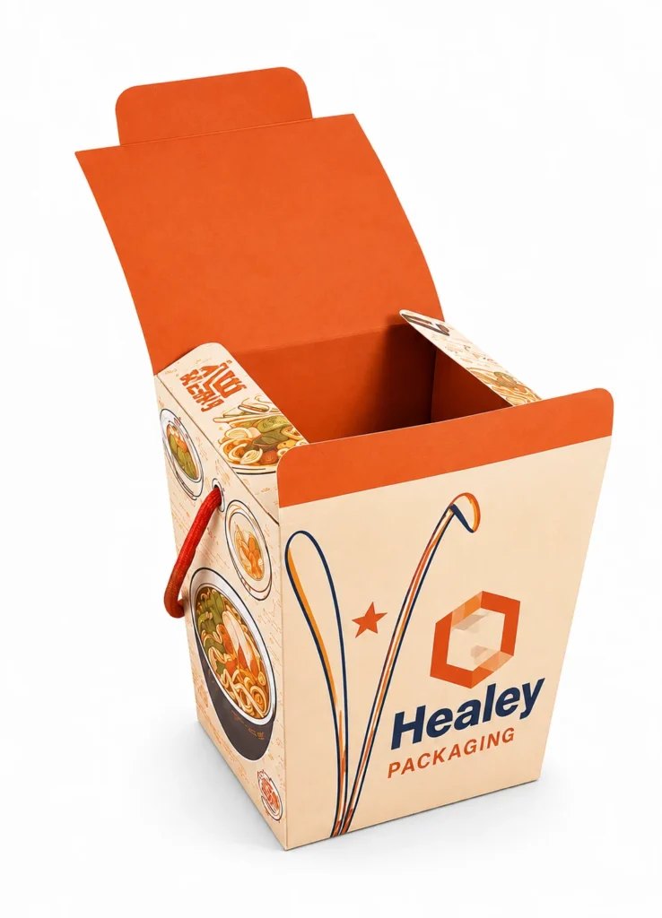 Open printed Chinese noodle takeaway box for food