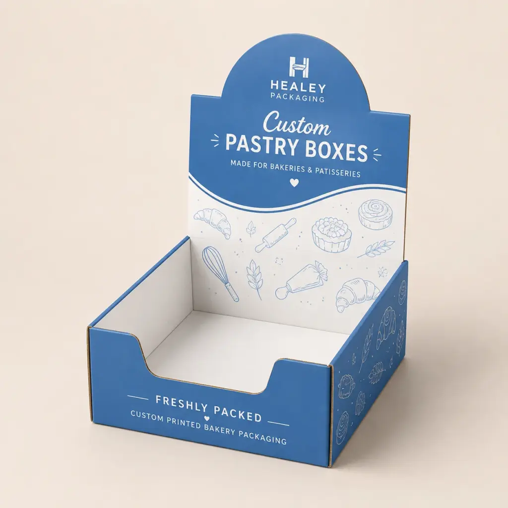 Custom pastry display box for retail bakery counters and product visibility
