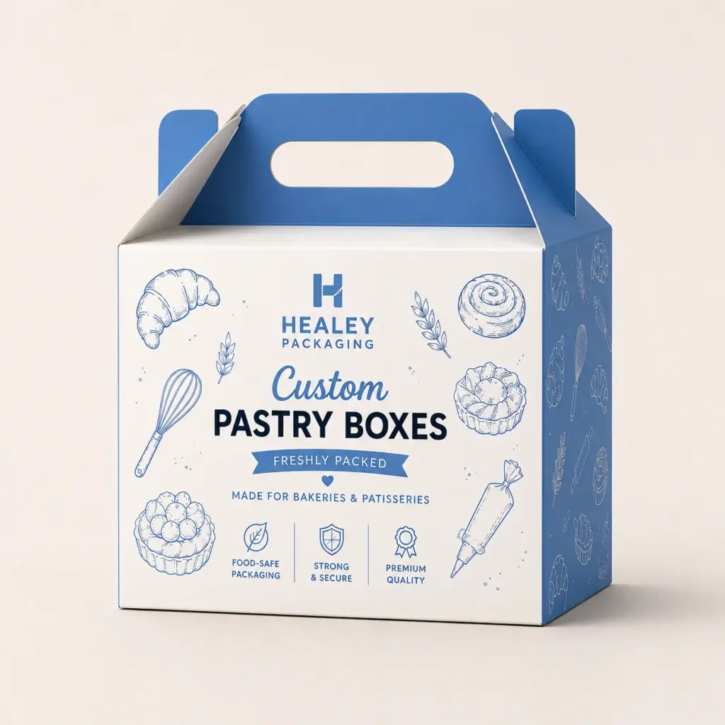Custom pastry gable box with carry handle for takeaway bakery packaging