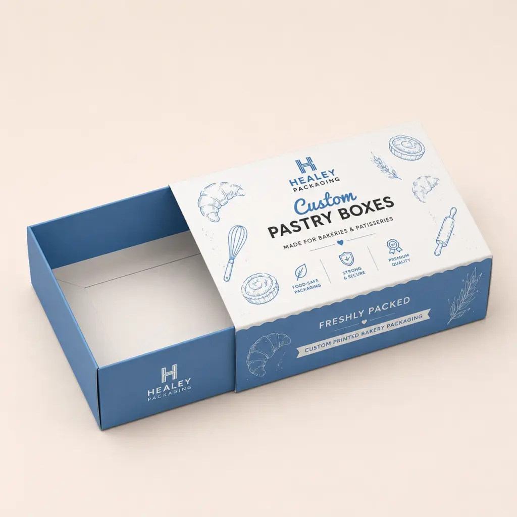 Premium pastry sleeve box with sliding tray for bakery packaging