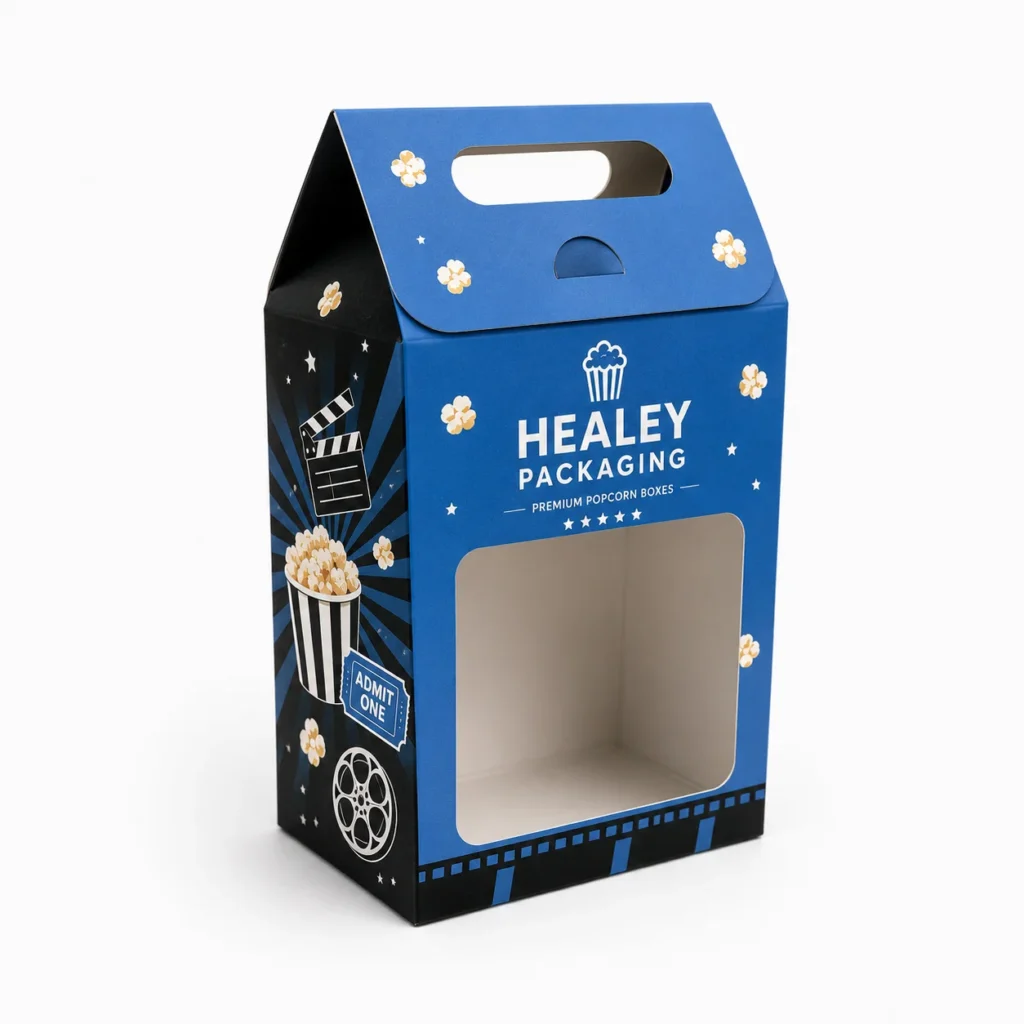 Custom popcorn box with carry handle and large display window