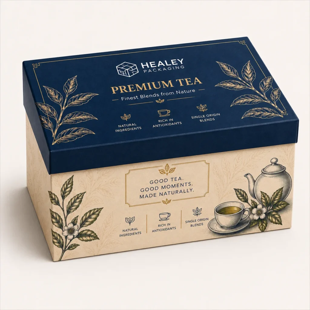 Custom printed premium tea gift box with separate lid and botanical design