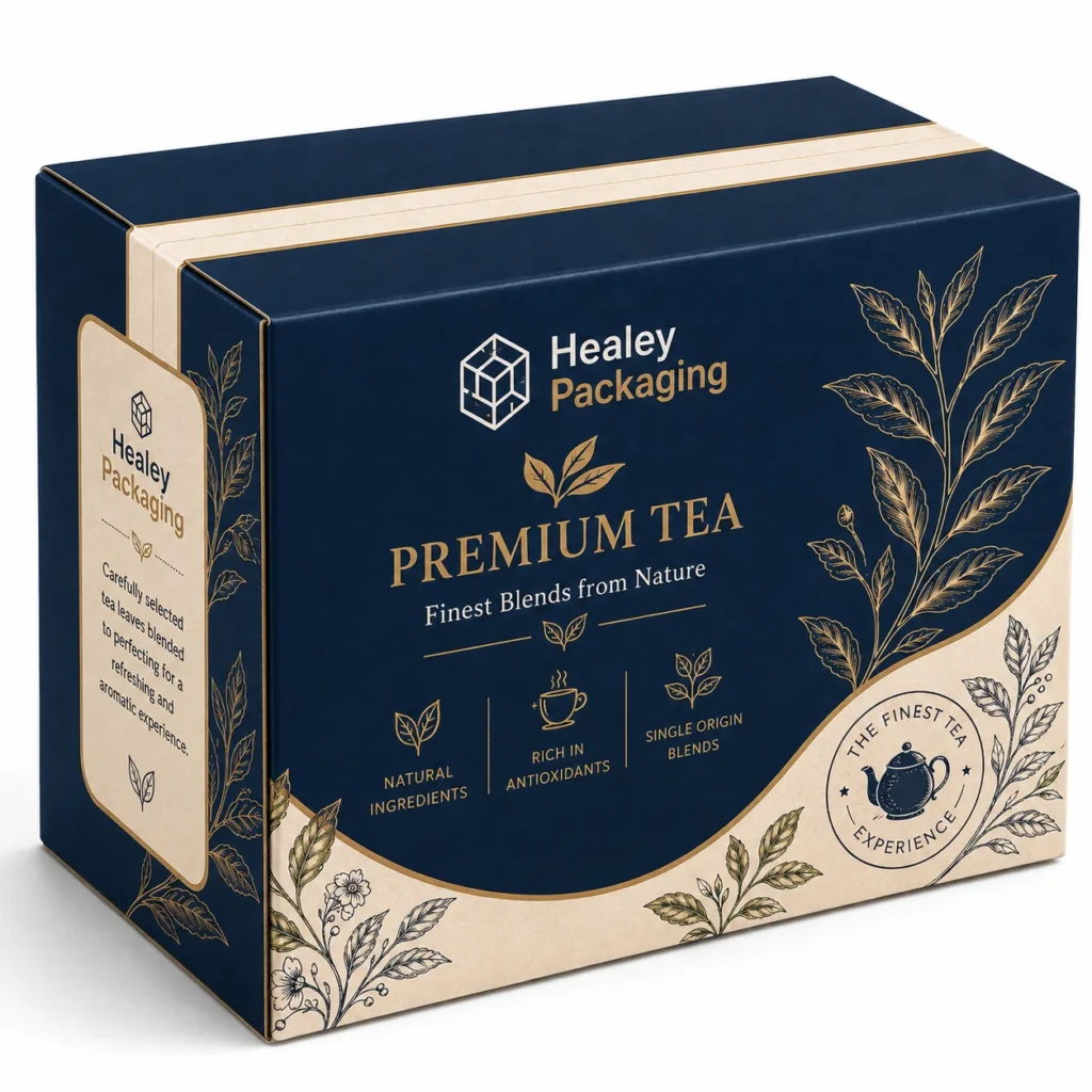 Custom premium tea packaging box with botanical print and branded finish