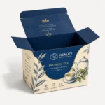 Open custom printed tea packaging box with botanical artwork