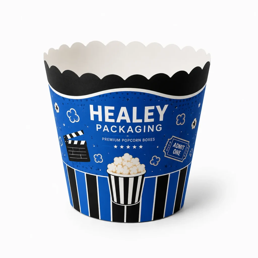 Custom round popcorn packaging box with scalloped top and printed branding