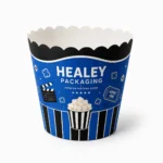 Custom round popcorn packaging box with scalloped top and printed branding