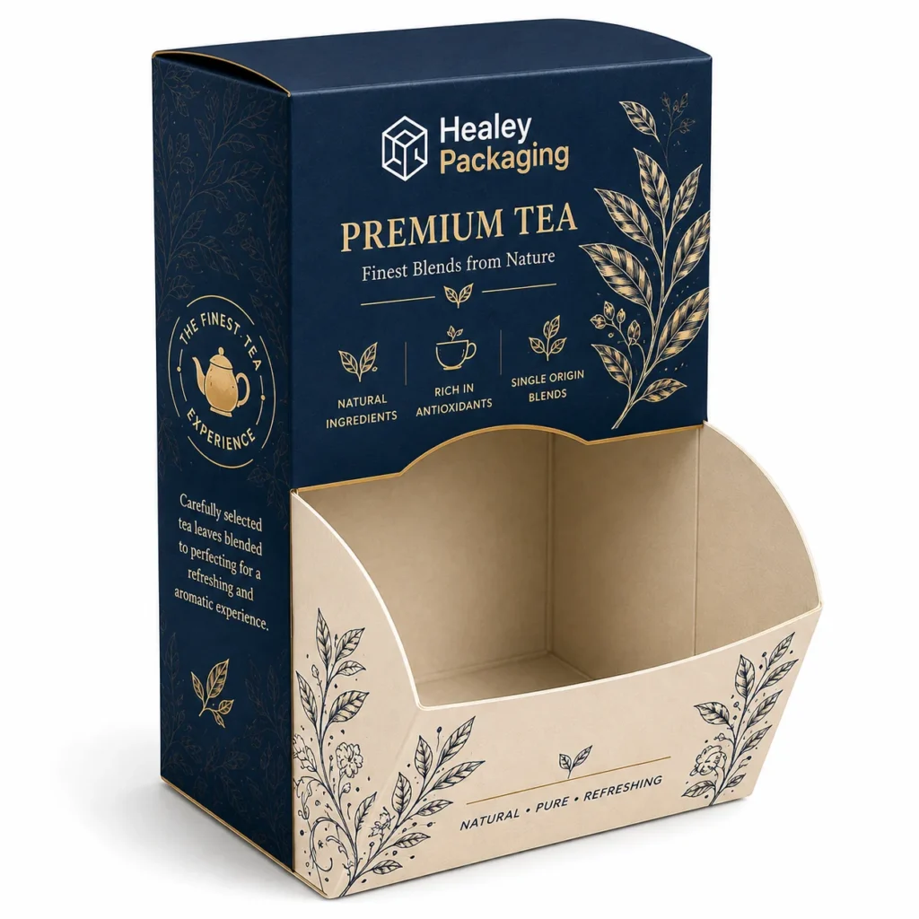 Custom printed tea display box with open-front presentation tray