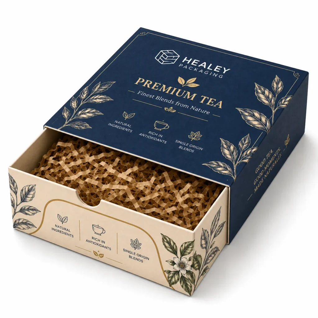 Custom tea drawer box with printed sleeve and paper filler