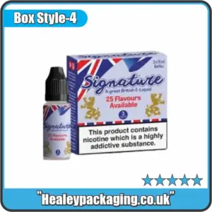 printed e-liquid packaging box with UK flag theme and nicotine warning label