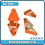 Flat die-cut template and assembled orange custom pizza slice box with printed branding