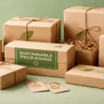 Eco-friendly sustainable packaging boxes with kraft paper, twine, and recycling symbols.