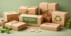 Eco-friendly sustainable packaging boxes with kraft paper, twine, and recycling symbols.