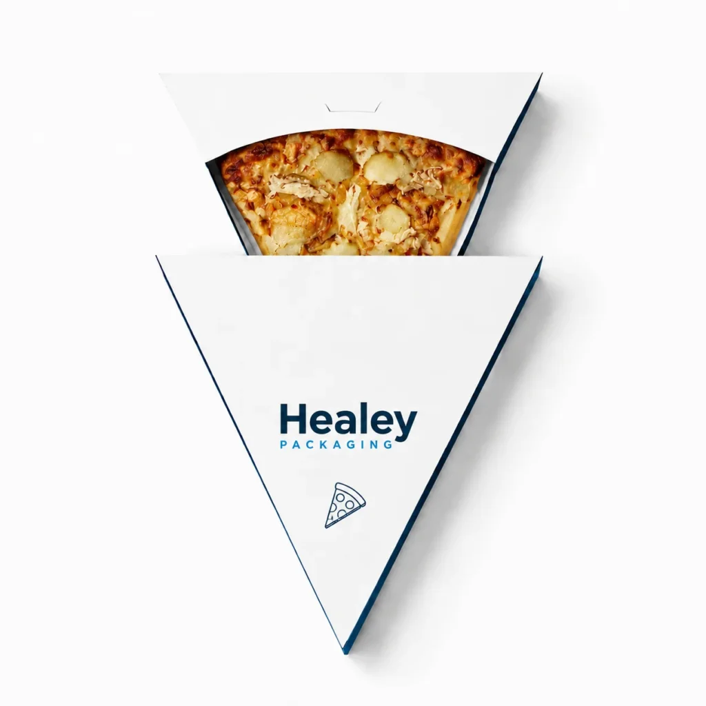 Triangular pizza slice packaging box with pizza visible inside