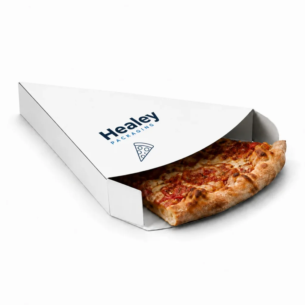Custom pizza slice takeaway box with front opening and printed branding