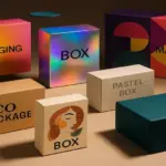 Colourful premium packaging boxes including mailer boxes, pastel boxes, eco boxes, and magnetic closure boxes arranged on a studio backdrop.