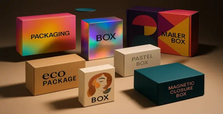 Colourful premium packaging boxes including mailer boxes, pastel boxes, eco boxes, and magnetic closure boxes arranged on a studio backdrop.