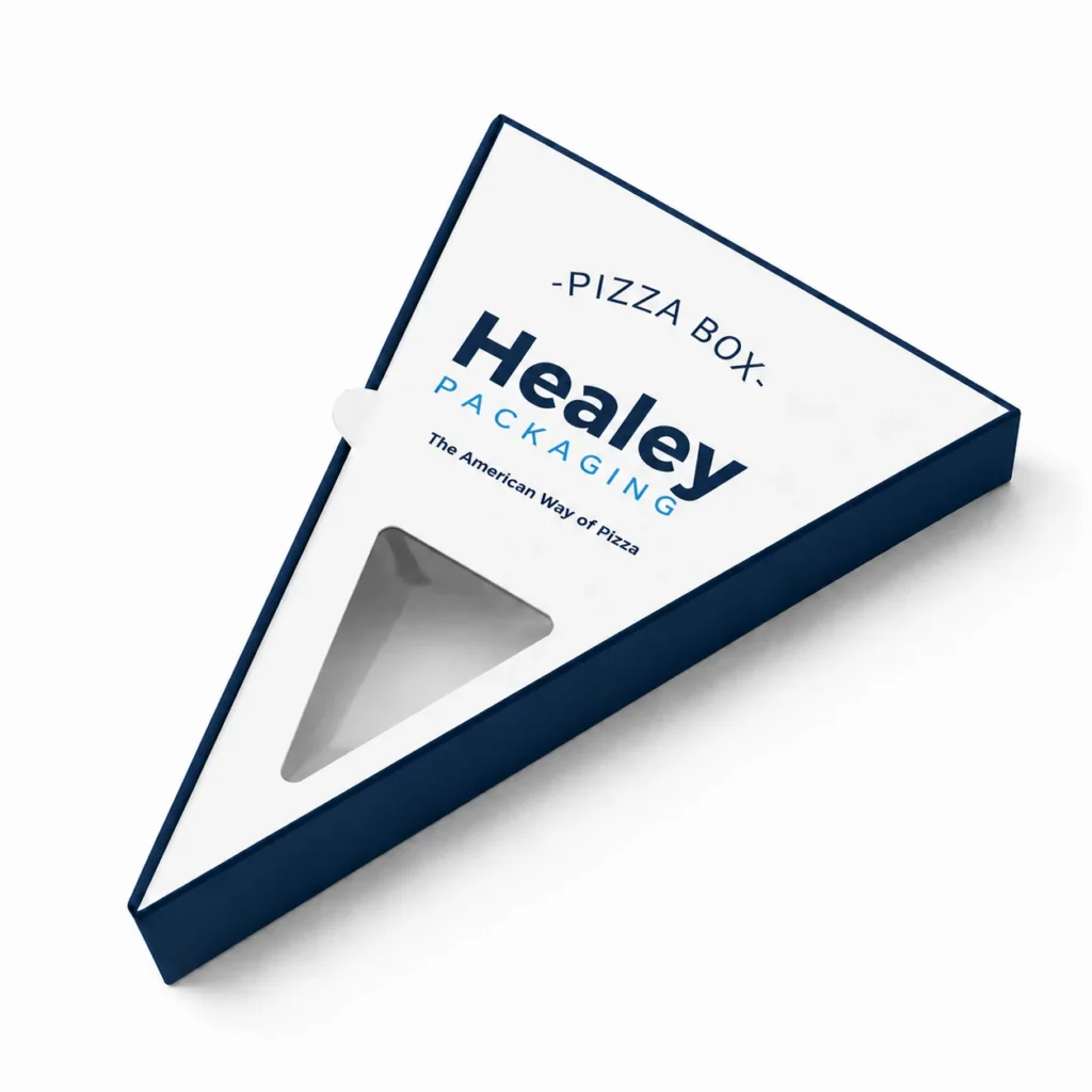 Custom triangular pizza slice box with clear window and printed branding