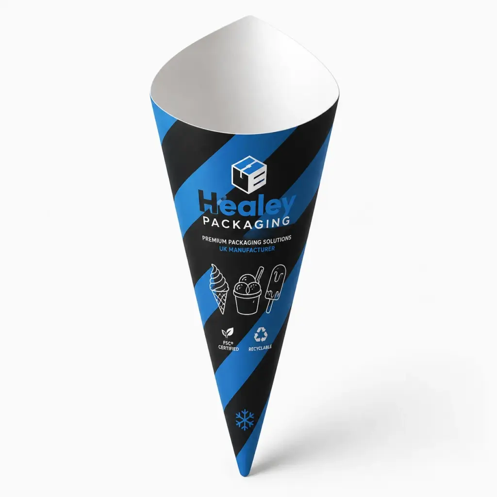 Printed cone-shaped packaging for ice cream and desserts