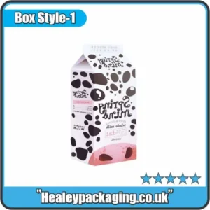Creative printed milk carton box with black and pink spot pattern for dairy branding.