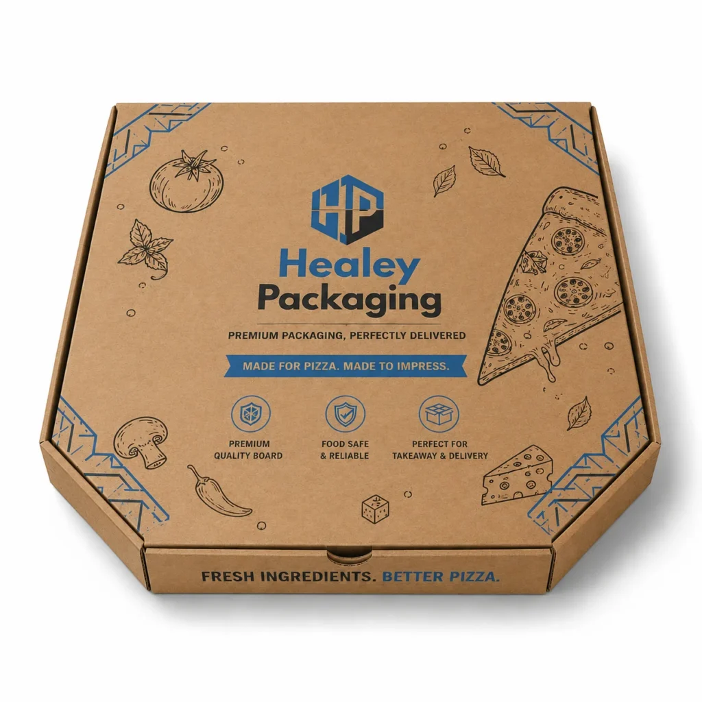 Printed kraft pizza packaging box with custom branding and food illustrations