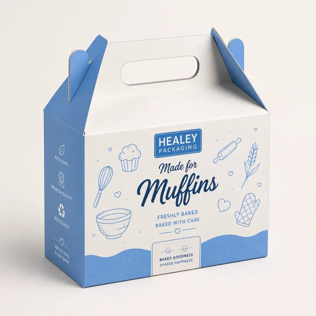 Muffin gable box with carry handle for bakery takeaway and gifting