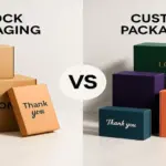 Stock packaging versus custom packaging comparison showing plain brown shipping boxes next to colourful branded custom boxes.