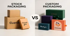 Stock packaging versus custom packaging comparison showing plain brown shipping boxes next to colourful branded custom boxes.