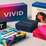 Colourful custom packaging boxes in modern, vibrant designs arranged on a neutral background.